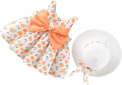 Camidy Infant Baby Girl Polka Dots Bowknot Dress Sleeveless Sundress with Straw Hat in Saudi Arabia