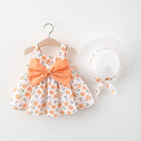 Camidy Infant Baby Girl Polka Dots Bowknot Dress Sleeveless Sundress with Straw Hat in Saudi Arabia
