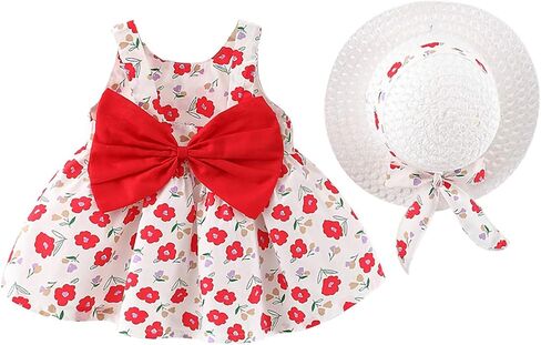 Camidy Infant Baby Girl Polka Dots Bowknot Dress Sleeveless Sundress with Straw Hat in Saudi Arabia
