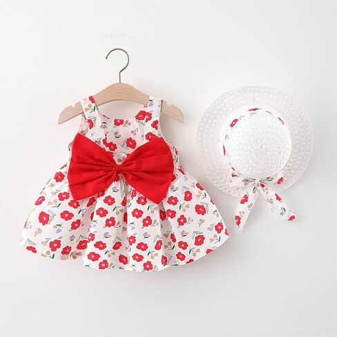Camidy Infant Baby Girl Polka Dots Bowknot Dress Sleeveless Sundress with Straw Hat in Saudi Arabia