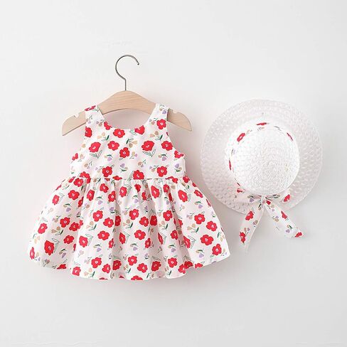 Camidy Infant Baby Girl Polka Dots Bowknot Dress Sleeveless Sundress with Straw Hat in Saudi Arabia