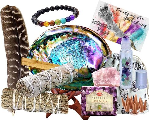 Sage Smudge Kit: Ultimate 12 Piece Spiritual Gifts Variety Smudging Kit: 6+" XL Abalone Shell, Complete Smudging Gift Set, Cleansing, Healing Positive Energy Home Kit! (Tiger's Eye/Lavender Kit) in Saudi Arabia