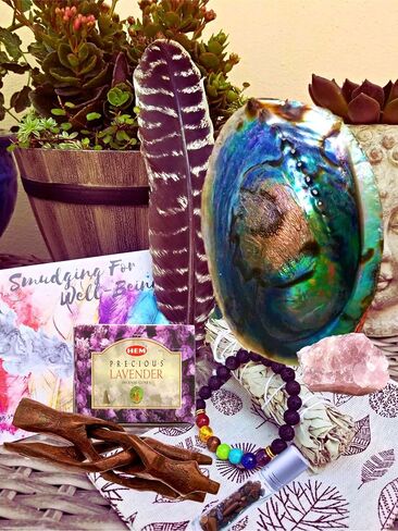 Sage Smudge Kit: Ultimate 12 Piece Spiritual Gifts Variety Smudging Kit: 6+" XL Abalone Shell, Complete Smudging Gift Set, Cleansing, Healing Positive Energy Home Kit! (Tiger's Eye/Lavender Kit) in Saudi Arabia