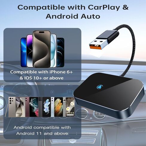 محول Carplay & Android Auto 2 في 1، تحويل سلكي من المصنع إلى سيارات دونجل لاسلكية لأجهزة iPhone وAndroid، التوصيل والتشغيل، 5 جيجا هرتز WiFi وBluetooth 5.3، لنظام iOS 10+ وAndroid 11+ (أسود) in Saudi Arabia