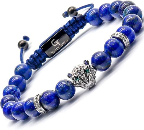 أساور مطرزة بنقش النمر مصنوعة يدويًا للرجال من مجموعة جي تي - أساور من الحجر الطبيعي - سوار رجالي مع خرزة النمر من الفولاذ المقاوم للصدأ، وسلك قابل للتعديل، وأحجار كريمة قوية in Kuwait