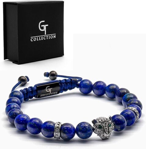 أساور مطرزة بنقش النمر مصنوعة يدويًا للرجال من مجموعة جي تي - أساور من الحجر الطبيعي - سوار رجالي مع خرزة النمر من الفولاذ المقاوم للصدأ، وسلك قابل للتعديل، وأحجار كريمة قوية in Kuwait