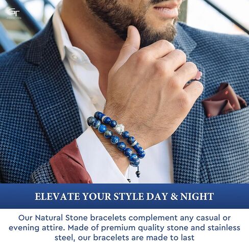 أساور مطرزة بنقش النمر مصنوعة يدويًا للرجال من مجموعة جي تي - أساور من الحجر الطبيعي - سوار رجالي مع خرزة النمر من الفولاذ المقاوم للصدأ، وسلك قابل للتعديل، وأحجار كريمة قوية in Kuwait