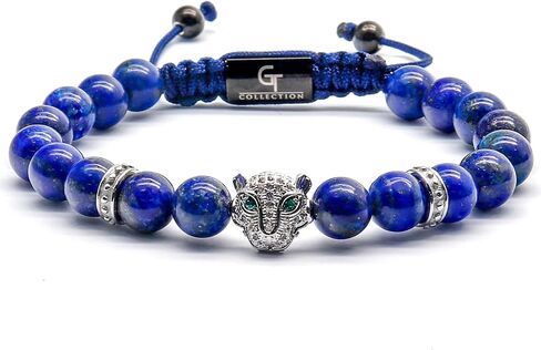 أساور مطرزة بنقش النمر مصنوعة يدويًا للرجال من مجموعة جي تي - أساور من الحجر الطبيعي - سوار رجالي مع خرزة النمر من الفولاذ المقاوم للصدأ، وسلك قابل للتعديل، وأحجار كريمة قوية in Kuwait