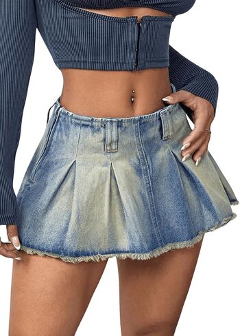 MakeMeChic Women's Low Waist Frayed Raw Hem Y2K Zipper Pleated Mini Skater Denim Skirt in Saudi Arabia