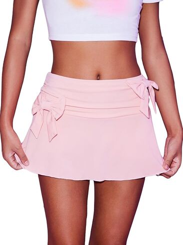 WDIRARA Women's Elastic Waist Bow Front Ruched Lettuce Trim A Line Mini Skirt in Kuwait