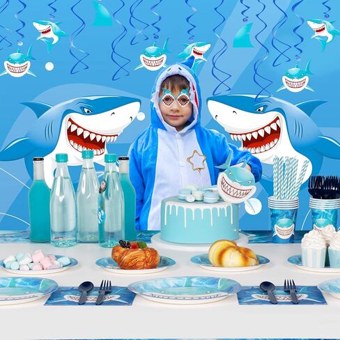DECORLIFE 147 قطعة من ديكورات حفلات عيد ميلاد القرش، لوازم حفلات القرش تكفي لـ 16 شخصًا. تتضمن 30 قطعة من الدوامات المعلقة، ومفرش المائدة، وستائر ذات أهداب زرقاء in Kuwait