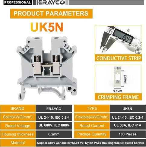 Erayco UK5N-GR DIN كتلة طرفية للسكك الحديدية، مشبك لولبي، 600 فولت 30 أمبير 30-10AWG، عبوة من 100 قطعة in Kuwait