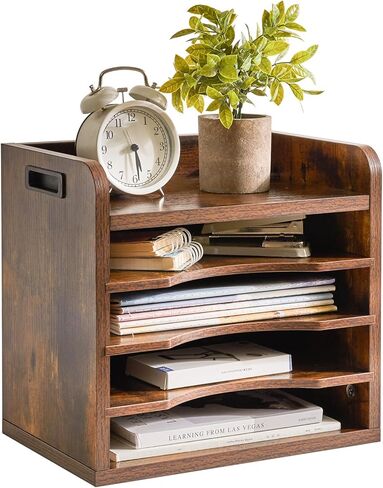 YMYNY Wooden Desktop File Organizer with Handle, Document Letter Mail Tray Sorter with 3 Adjustable Shelves, 5 Tiers Paper Holder for Home Office Desk, Black Gray,13.4 * 12.4 * 9.06" UHBC006G in Kuwait