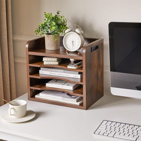 YMYNY Wooden Desktop File Organizer with Handle, Document Letter Mail Tray Sorter with 3 Adjustable Shelves, 5 Tiers Paper Holder for Home Office Desk, Black Gray,13.4 * 12.4 * 9.06" UHBC006G in Kuwait