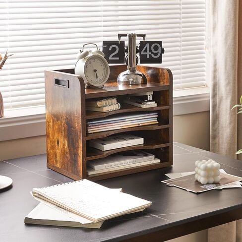 YMYNY Wooden Desktop File Organizer with Handle, Document Letter Mail Tray Sorter with 3 Adjustable Shelves, 5 Tiers Paper Holder for Home Office Desk, Black Gray,13.4 * 12.4 * 9.06" UHBC006G in Kuwait