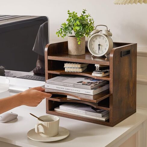 YMYNY Wooden Desktop File Organizer with Handle, Document Letter Mail Tray Sorter with 3 Adjustable Shelves, 5 Tiers Paper Holder for Home Office Desk, Black Gray,13.4 * 12.4 * 9.06" UHBC006G in Kuwait