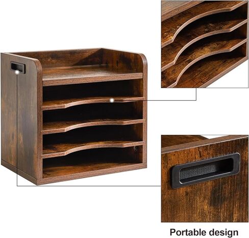 YMYNY Wooden Desktop File Organizer with Handle, Document Letter Mail Tray Sorter with 3 Adjustable Shelves, 5 Tiers Paper Holder for Home Office Desk, Black Gray,13.4 * 12.4 * 9.06" UHBC006G in Kuwait