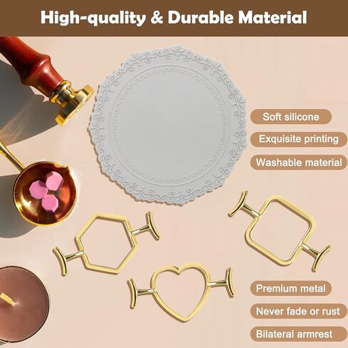 قالب ختم الشمع المعدني، قالب ختم الشمع الذهبي من لوكسيف، قالب دائري على شكل زهرة مربعة الشكل سداسي الشكل على شكل قلب، قالب معدني لختم الشمع مع حصيرة السيليكون، 28 قطعة من ملصقات الشمع للمغلف، البطاقة، التغليف (3) in Kuwait