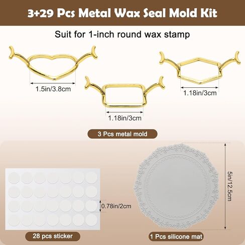قالب ختم الشمع المعدني، قالب ختم الشمع الذهبي من لوكسيف، قالب دائري على شكل زهرة مربعة الشكل سداسي الشكل على شكل قلب، قالب معدني لختم الشمع مع حصيرة السيليكون، 28 قطعة من ملصقات الشمع للمغلف، البطاقة، التغليف (3) in Kuwait