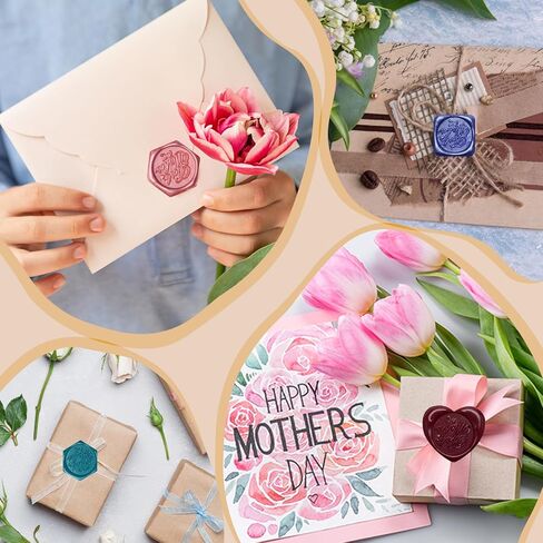 قالب ختم الشمع المعدني، قالب ختم الشمع الذهبي من لوكسيف، قالب دائري على شكل زهرة مربعة الشكل سداسي الشكل على شكل قلب، قالب معدني لختم الشمع مع حصيرة السيليكون، 28 قطعة من ملصقات الشمع للمغلف، البطاقة، التغليف (3) in Kuwait