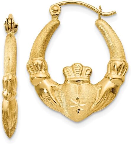 Solid 14K Yellow Gold Polished & Satin Claddagh Hoop Earrings in Saudi Arabia