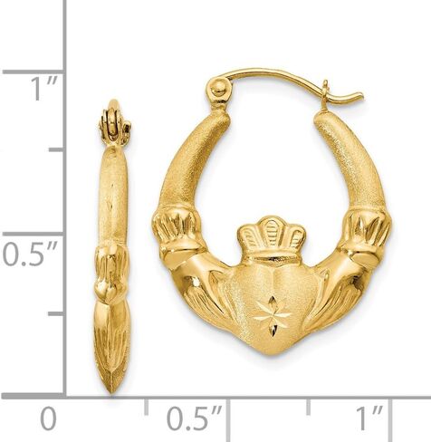 Solid 14K Yellow Gold Polished & Satin Claddagh Hoop Earrings in Saudi Arabia