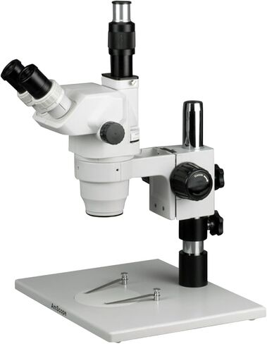 AmScope ZM-1TZ مجهر تكبير ستيريو ثلاثي العينيات احترافي، عدسات EW10x، تكبير 3.35X-90X، هدف تكبير 0.67X-4.5X، إضاءة محيطة، حامل طاولة كبير على شكل عمود، يتضمن عدسات بارلو 0.5x و2.0x in Saudi Arabia