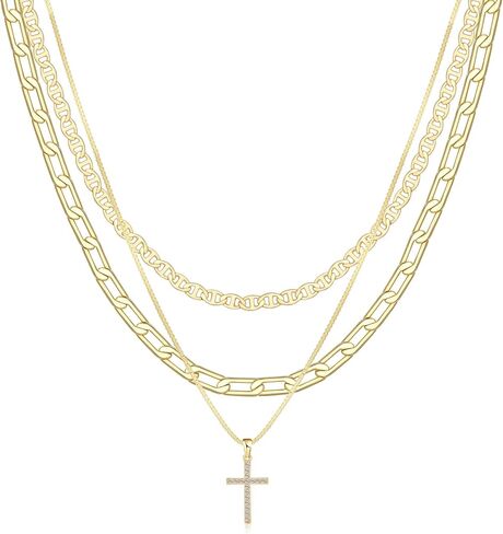 Pancert Cross Necklace for Women,Stackable Stacked Stacking Layering Layered Necklaces Dainty Gold Necklace Paperclip Box Flat Mariner Chain Necklace Cross Pendant CZ Diamond Simple Girls Jewelry Gift in Saudi Arabia