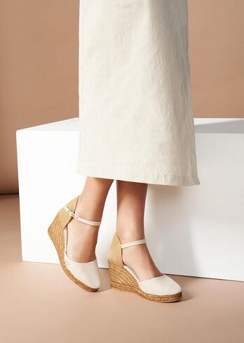 صنادل نسائية من Viscata Satuna Espadrille Canvas Wedges Spain مصنوعة يدويًا بكعب 3 ½ بوصة مع قماش من القطن العضوي المسامي ونعل أوسط من الجوت الطبيعي بنسبة 100% لجميع المناسبات: كاجوال، عمل، حفلة in Kuwait