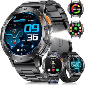 LIGE 1.43" AMOLED Smart Watch for Men with Flashlight, Bluetooth Calling, 100+ Sport Modes, 530mAh, IP68 Waterproof Fitness Tracker for Workout, iOS Android Compatible, Black Steel Camouflage Silicone in Saudi Arabia