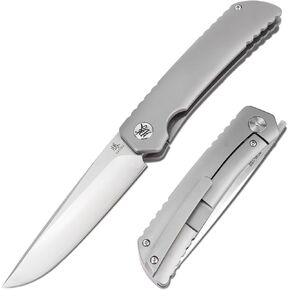 KATSU Folding Knife ZDP-189 Steel 3.5" Blade,Japanese Sandblasted Titanium Handle Pocket Knife with Clip Convex Grind Frame lock, Quick Open EDC Flip Knives for Men Leather Sheath Hiking Camping in Kuwait