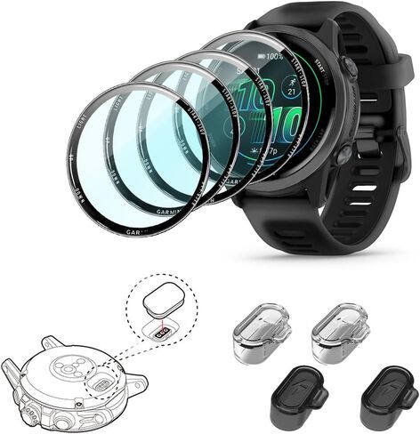 Compatible for Garmin Forerunner 570 42mm Screen Protector & Charge Dust Plug Kit Bubble-Free Shockproof TPU Protective Film [It's Not Glass](Not for 570-47mm) 4+4 Pack in Kuwait