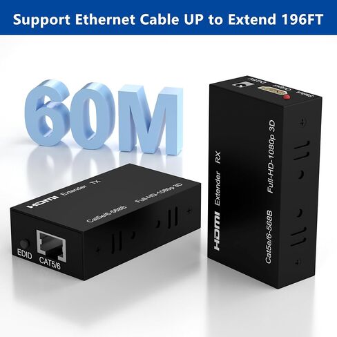 HDMI Extender Over Cat5e/Cat6/Cat7, 60m (196ft) 1080p Full HD Repeater Balun Kit, HDMI Over Ethernet Supports 3D, HDCP, EDID, Plug & Play, Transmitter Receiver for TV, Projector, Gaming, Home Theater in Saudi Arabia