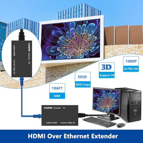 HDMI Extender Over Cat5e/Cat6/Cat7, 60m (196ft) 1080p Full HD Repeater Balun Kit, HDMI Over Ethernet Supports 3D, HDCP, EDID, Plug & Play, Transmitter Receiver for TV, Projector, Gaming, Home Theater in Saudi Arabia