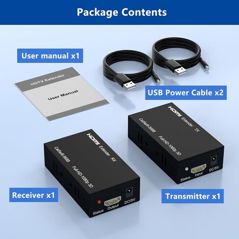 HDMI Extender Over Cat5e/Cat6/Cat7, 60m (196ft) 1080p Full HD Repeater Balun Kit, HDMI Over Ethernet Supports 3D, HDCP, EDID, Plug & Play, Transmitter Receiver for TV, Projector, Gaming, Home Theater in Saudi Arabia