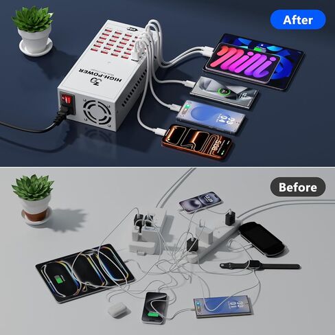 200W 30 Port Multiple USB Charging Station, Multiple Phone Charger Station with Intelligent Protection, Desktop Multi Port USB Hub for School/Hotel/Travel/Shop, Compatible with iPhone/ipad/Tablet in Kuwait