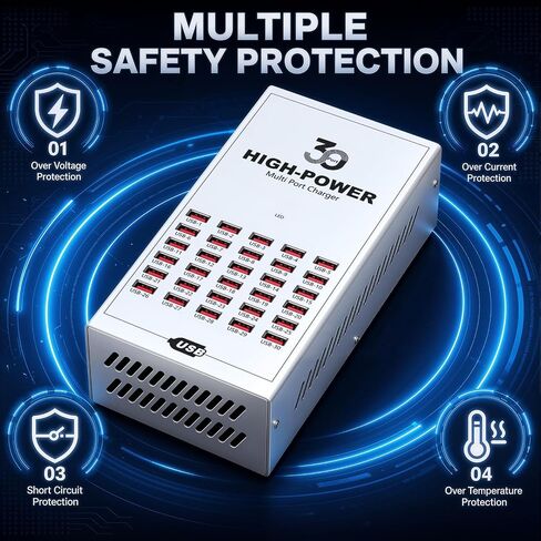 200W 30 Port Multiple USB Charging Station, Multiple Phone Charger Station with Intelligent Protection, Desktop Multi Port USB Hub for School/Hotel/Travel/Shop, Compatible with iPhone/ipad/Tablet in Kuwait