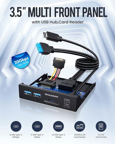 GRAUGEAR 3.5" PC Front Panel USB Hub - USB-C and USB 3.0 Ports, SD/microSD Card Reader, 3.5 inch Drive Bay Expansion for Desktop, Requires 19-Pin USB3.0 & 20-Pin Type-C Key A Header in Kuwait