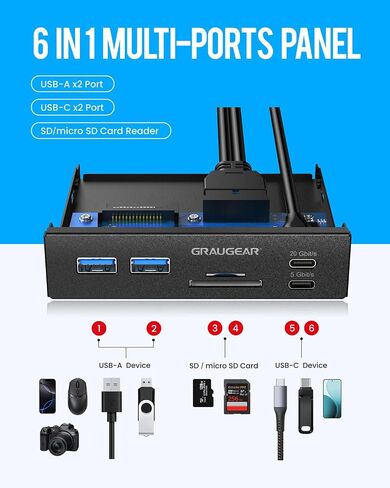 GRAUGEAR 3.5" PC Front Panel USB Hub - USB-C and USB 3.0 Ports, SD/microSD Card Reader, 3.5 inch Drive Bay Expansion for Desktop, Requires 19-Pin USB3.0 & 20-Pin Type-C Key A Header in Kuwait