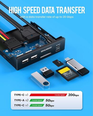 GRAUGEAR 3.5" PC Front Panel USB Hub - USB-C and USB 3.0 Ports, SD/microSD Card Reader, 3.5 inch Drive Bay Expansion for Desktop, Requires 19-Pin USB3.0 & 20-Pin Type-C Key A Header in Kuwait