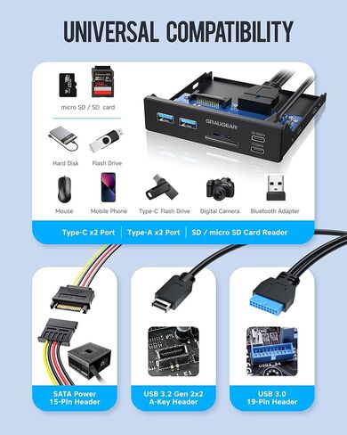 GRAUGEAR 3.5" PC Front Panel USB Hub - USB-C and USB 3.0 Ports, SD/microSD Card Reader, 3.5 inch Drive Bay Expansion for Desktop, Requires 19-Pin USB3.0 & 20-Pin Type-C Key A Header in Kuwait