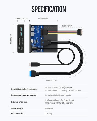 GRAUGEAR 3.5" PC Front Panel USB Hub - USB-C and USB 3.0 Ports, SD/microSD Card Reader, 3.5 inch Drive Bay Expansion for Desktop, Requires 19-Pin USB3.0 & 20-Pin Type-C Key A Header in Kuwait