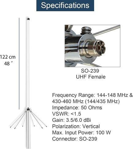 Dual Band VHF UHF Ham Radio Antenna for 2m 70cm 144-148MHz & 430-460MHz Base Station Ham Radio Repeater 144 435 MHz Outdoor Fiberglass Housing 100W w/Ground Plane SO-239 Connector in Kuwait