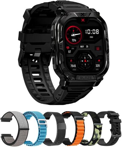 CARBINOX Blaze Smart Watch with 6 Pack Bands 22 mm GPS, Rugged Fitness Tracker Waterproof IP69K, Compatible with Android and iOS, 170+ Sports Modes, Make/Receive Calls (Square) in Kuwait