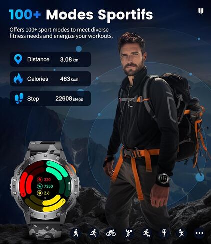 LIGE 1.43" AMOLED Smart Watch for Men with Flashlight, Bluetooth Calling, 100+ Sport Modes, 530mAh, IP68 Waterproof Fitness Tracker for Workout, iOS Android Compatible, Black Steel Camouflage Silicone in Saudi Arabia
