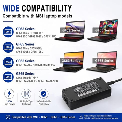 180W AC Power Adapter Compatible with MSI Gaming Laptop Thin GF63 GF65 GF75, Katana GF66 GF76, Stealth GS63 GS65, 19.5V/9.23A in Kuwait