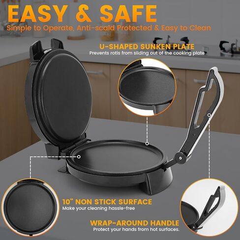 10inch Roti Maker Machine, Non-stick Electric Tortilla Maker with Adjustable Temperature Control and Removable Handle, Press to make Roti, Crepe, Chapati AC 110V 50/60Hz 1200W in Kuwait