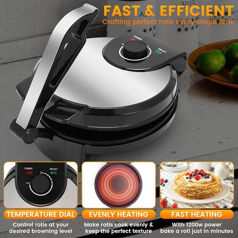 10inch Roti Maker Machine, Non-stick Electric Tortilla Maker with Adjustable Temperature Control and Removable Handle, Press to make Roti, Crepe, Chapati AC 110V 50/60Hz 1200W in Kuwait