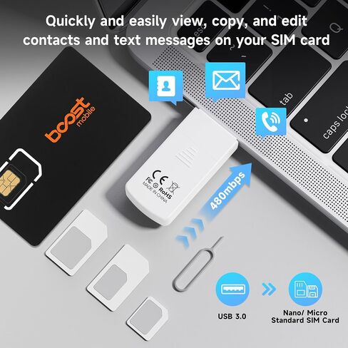 USB SIM Card Reader for Micro/Nano/Standard Sim Card, Nano Sim Card Adapter with Eject Pin, 480 Mbps Micro Sim Converter for Laptops/Windows, Support Reading and Editing Contacts and Text Messages in Kuwait