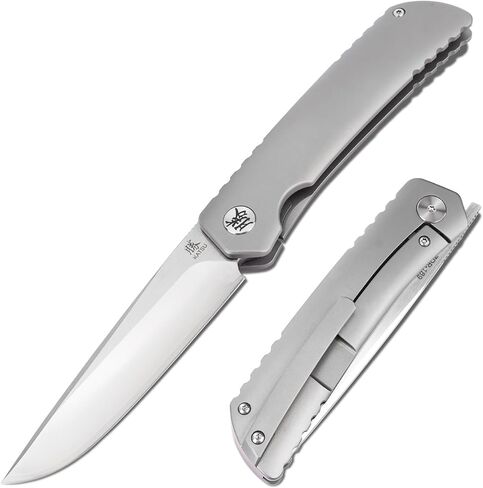 KATSU Folding Knife ZDP-189 Steel 3.5" Blade,Japanese Sandblasted Titanium Handle Pocket Knife with Clip Convex Grind Frame lock, Quick Open EDC Flip Knives for Men Leather Sheath Hiking Camping in Kuwait